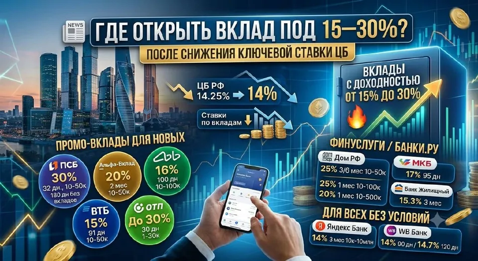 Где открыть вклад под 15–30% после снижения ключевой ставки