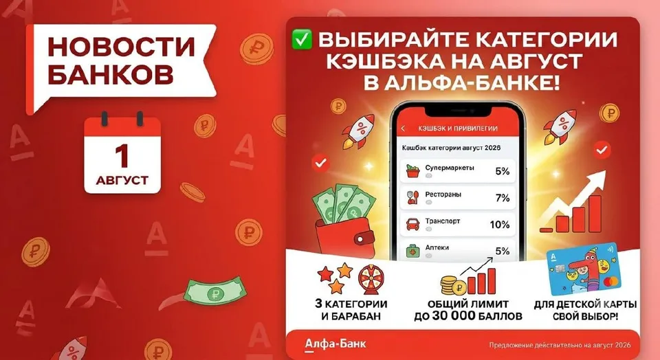 Альфа-Банк открыл выбор категорий на август 2026