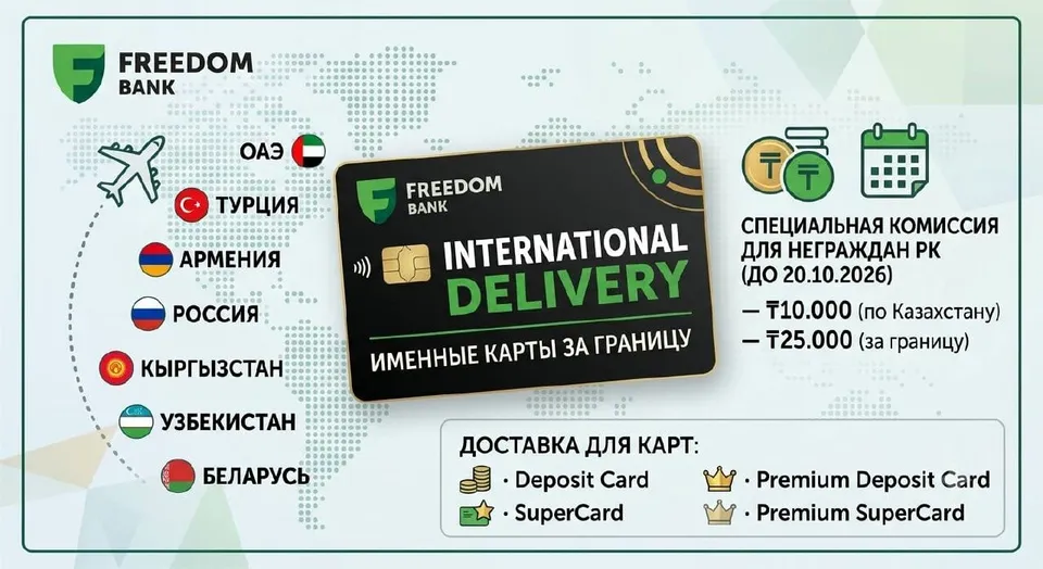Freedom Bank начал доставлять именные карты за границу