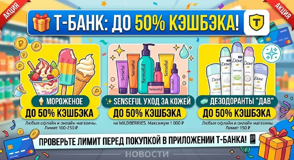 Т-Банк: до 50% кэшбэка на мороженое, Senseful и «Дав»