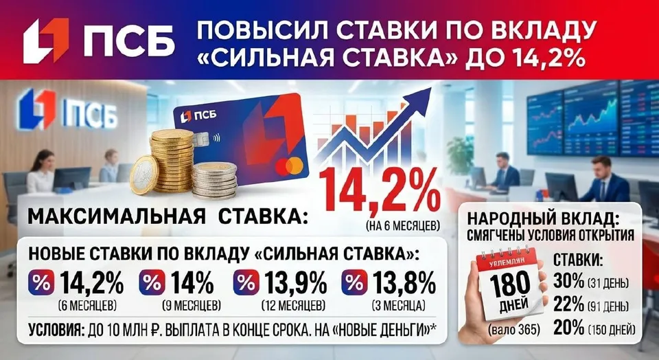 ПСБ повысил ставки по вкладу «Сильная ставка» до 14,2%