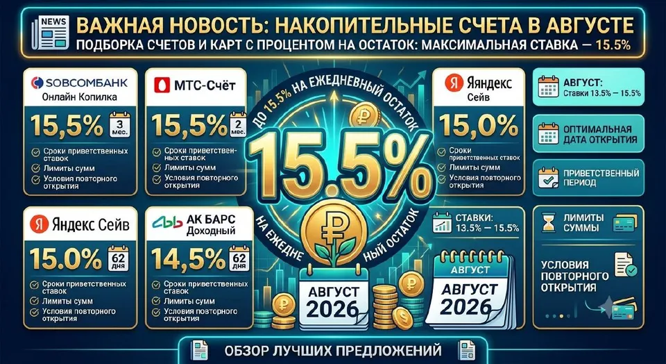 Накопительные счета в августе: до 15.5% на ежедневный остаток