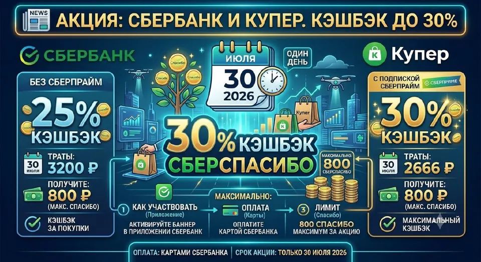 Сбербанк даст до 30% кэшбэка в Купере 30 июля