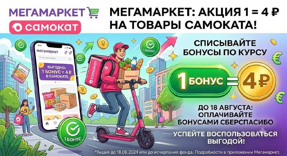 В Мегамаркете бонусы СберСпасибо списываются по курсу 1 = 4 ₽