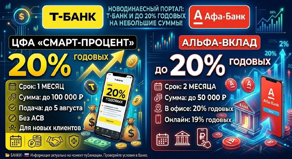 Т-Банк и Альфа: до 20% годовых на небольшие суммы