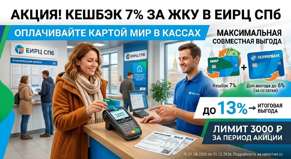 7% кешбэка за ЖКУ картой «Мир» в ЕИРЦ СПб
