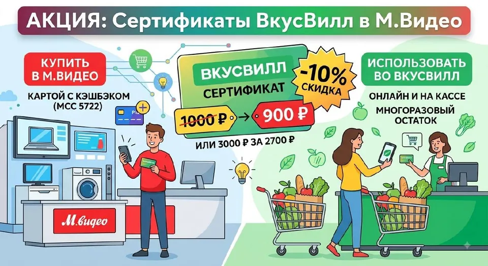 Сертификаты ВкусВилл в М.Видео: 1000 ₽ за 900 ₽