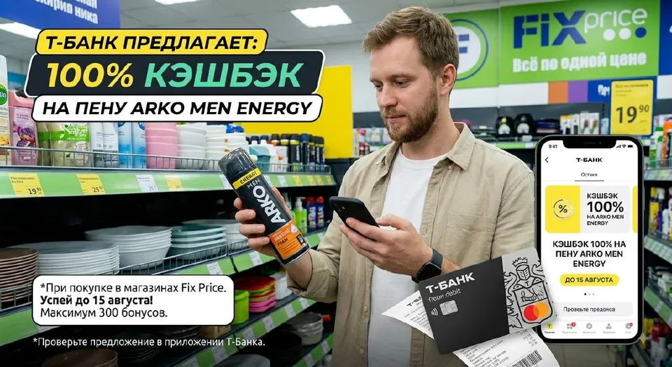 Т-Банк вернёт 100% за пену ARKO Men Energy в Fix Price