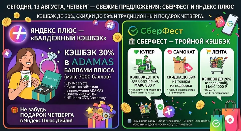 До 30% кэшбэка в ADAMAS и СберФесте 13 августа
