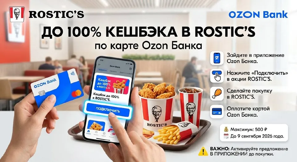 До 100% кешбэка в ROSTIC’S по карте Ozon Банка