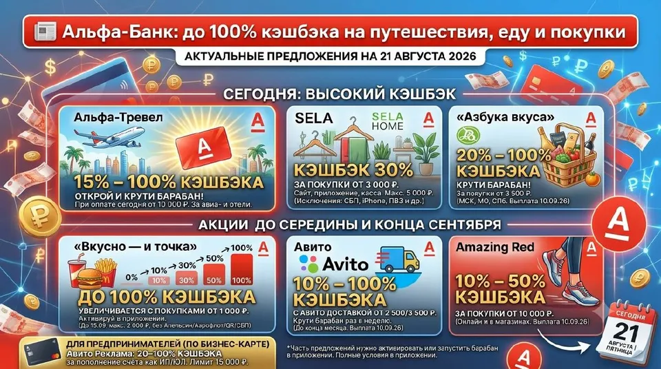 Альфа-Банк: до 100% кэшбэка на путешествия, еду и покупки