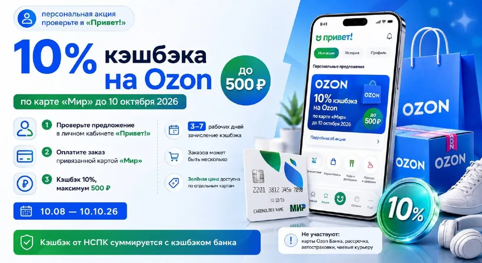 10% кэшбэка на Ozon по карте «Мир» до 10 октября 2026 года