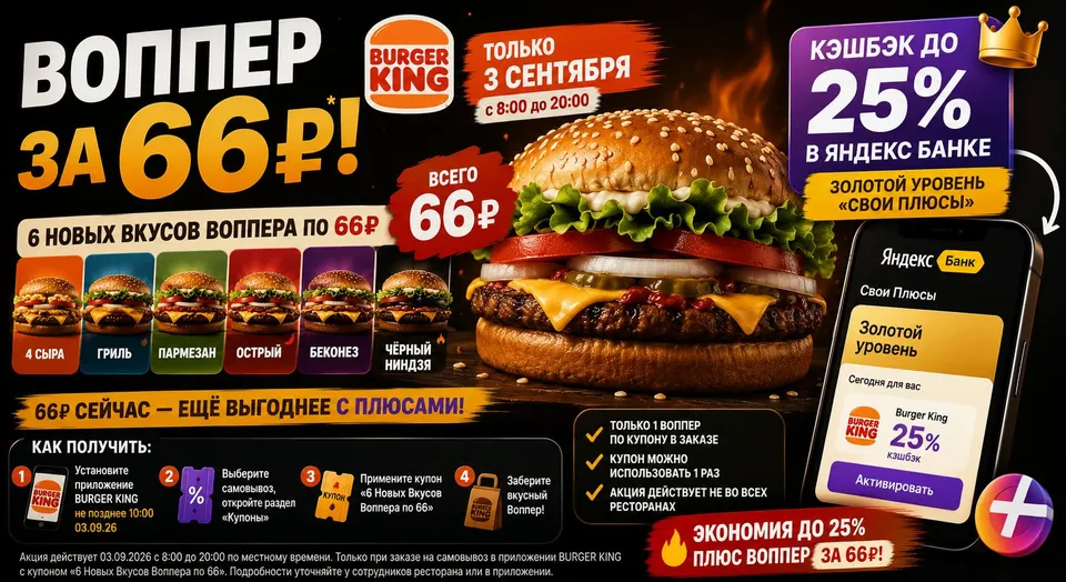 Воппер за 66 ₽ + 25% кэшбэка Яндекса: комбо дня в Burger King