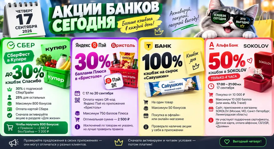 Акции четверга 17 сентября: до 100% у Т-Банка, 30% в Купере и Бристоле, 50% в SOKOLOV
