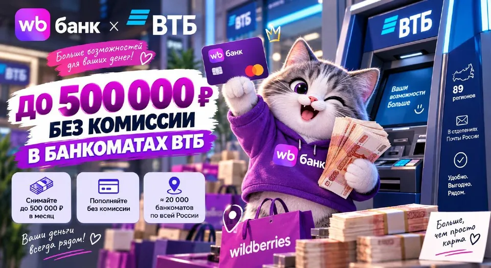 WB Банк: до 500 000 ₽ наличными без комиссии в банкоматах ВТБ