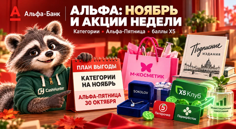 Альфа: категории на ноябрь, пятничный кешбэк и баллы X5 в Инвесткопилку